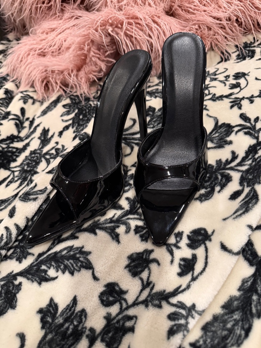 Black Patent Pointed Toe High Heel Mules
